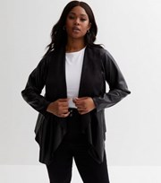 New Look Curves Black Leather-Look Waterfall Duster Coat